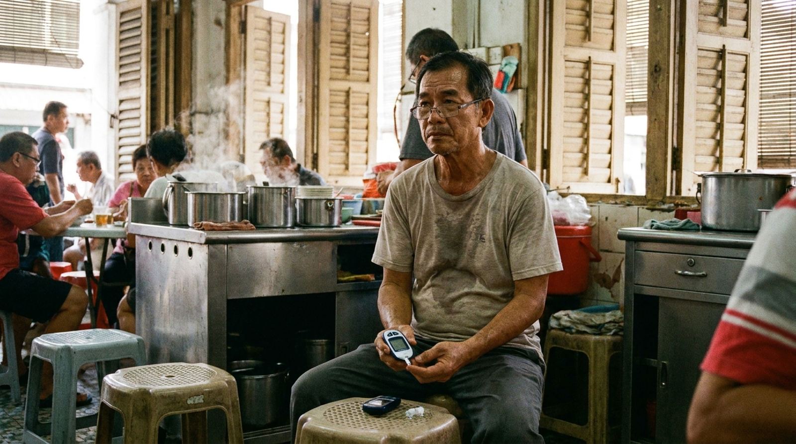 An older man checking his blood sugar at a kopitiam table, the kitchen behind him