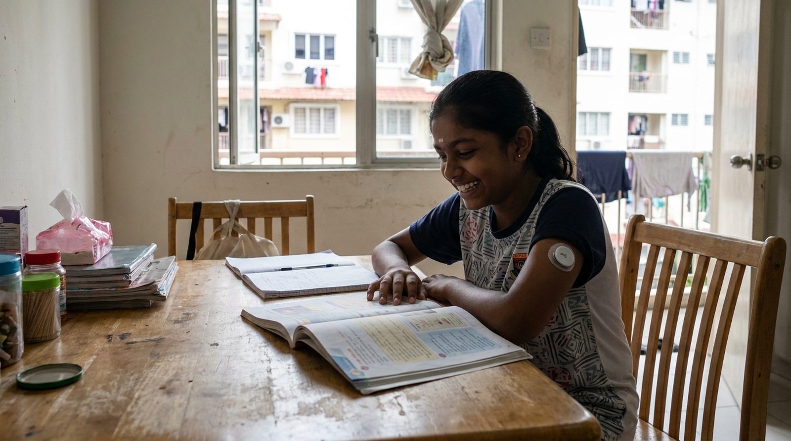 A young woman studying at the dining table, a glucose sensor on her arm
