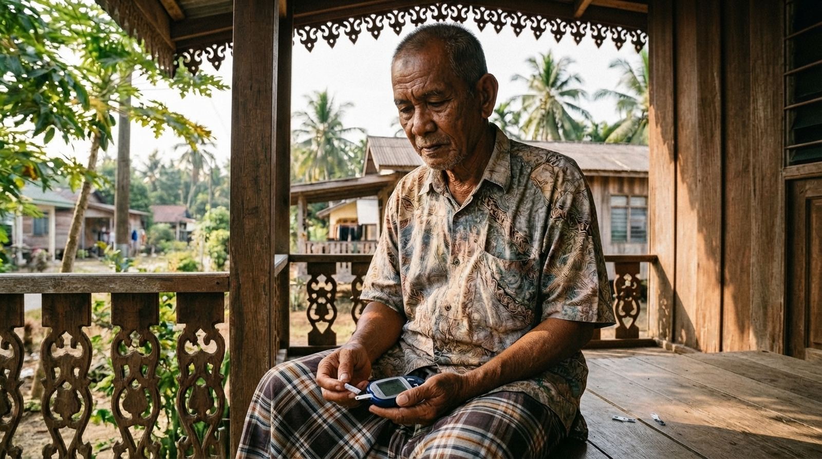 An older man on the porch of a kampung house, glucose meter in his hands